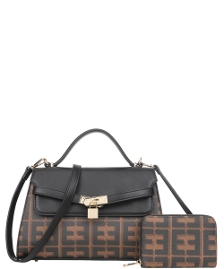 2in1 Pattern Print Key Lock Satchel Bag with Wallet EE-2103A BLACK